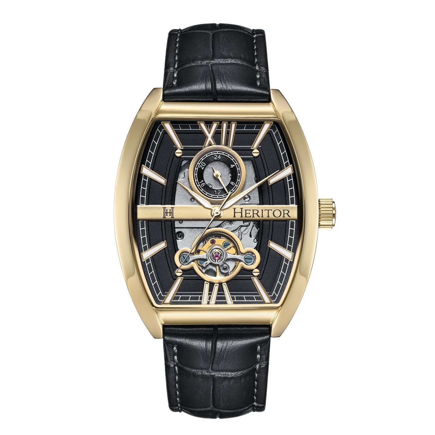 Heritor Masterson Men's Automatic Semi-Skeleton Leather Watch, Gold/Black