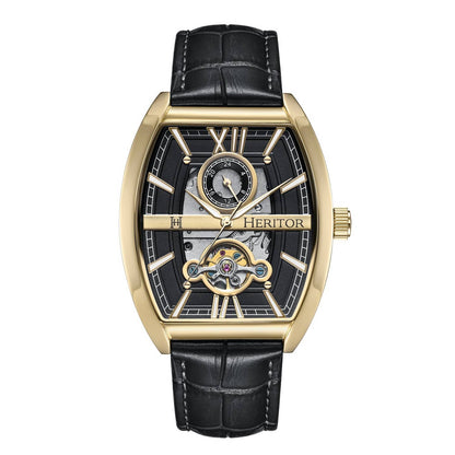 Heritor Masterson Men's Automatic Semi-Skeleton Leather Watch, Gold/Black