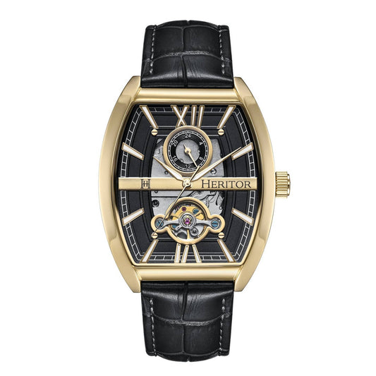 Heritor Masterson Men's Automatic Semi-Skeleton Leather Watch, Gold/Black