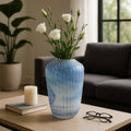 Decorative Vase - Blue Glass Carved Ribbed Pattern, 14 in.