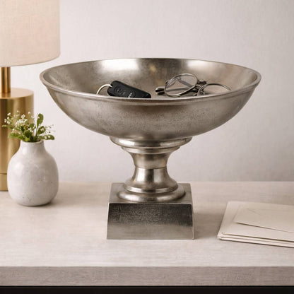 Decorative Bowl - Silver Metal Round On Square Base, 20 in.