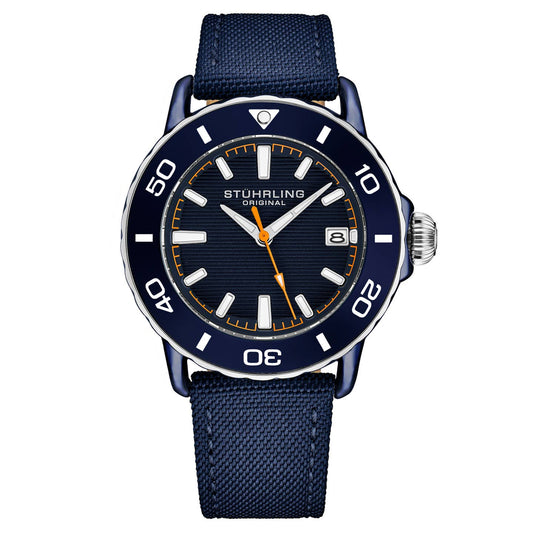 Stuhrling Original Explorer Men's Quartz Diver Watch, 40mm, Navy Dial, Navy Nylon Strap