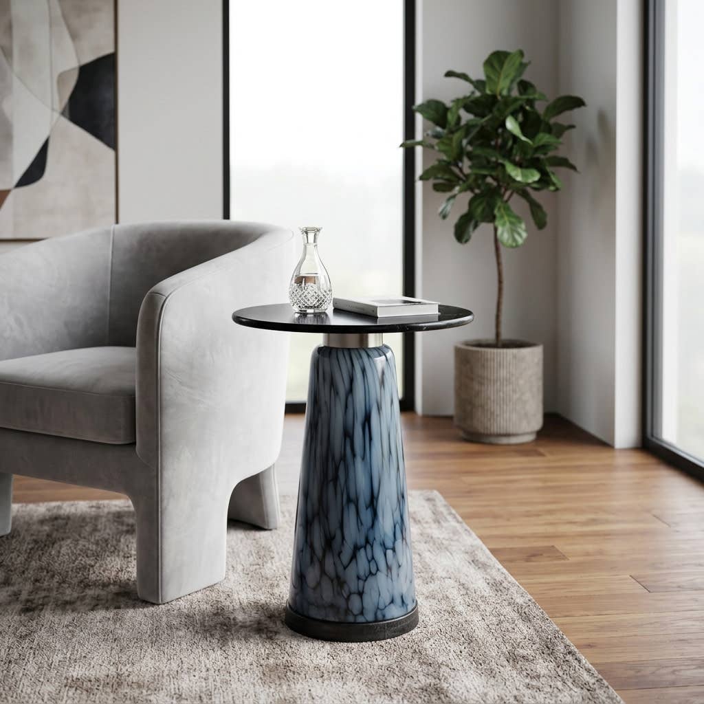 Side Table - Black Marble Top with Artistic Blue Glass Base