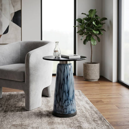 Side Table - Black Marble Top with Artistic Blue Glass Base
