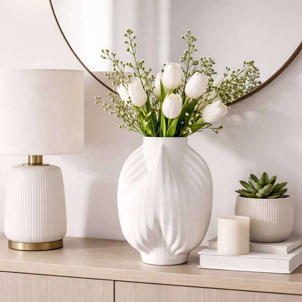Decorative Vase - Ivory Porcelain 3D Printed Textured, 13 in.