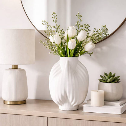 Decorative Vase - Ivory Porcelain 3D Printed Textured, 13 in.