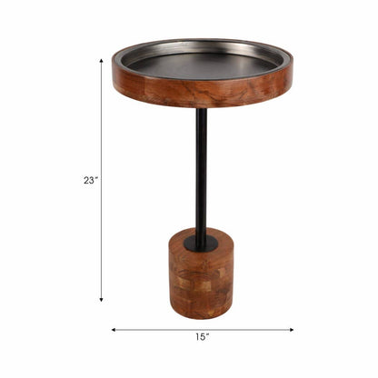 Side Table - Brown Wood Short with Metal Top, 23 in.