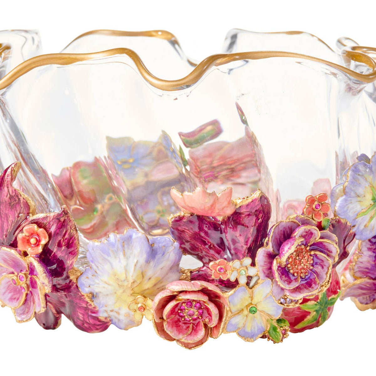 Jay Strongwater Paisley Small Ruffle Flower Swarovski Crystal Enamel Gold-Finished Decorative Bowl