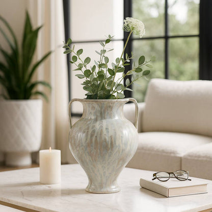 Decorative Vase - Gray Ceramic Two-Tone Handles Urn, 16 in.