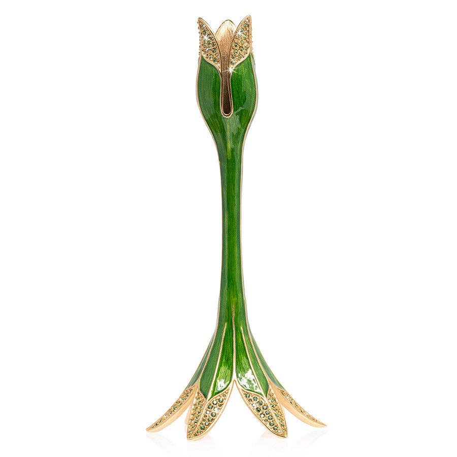 Jay Strongwater Abraham Tulip Green Candlestick Holder, Leaf Swarovski Crystal Enamel Gold-Finished