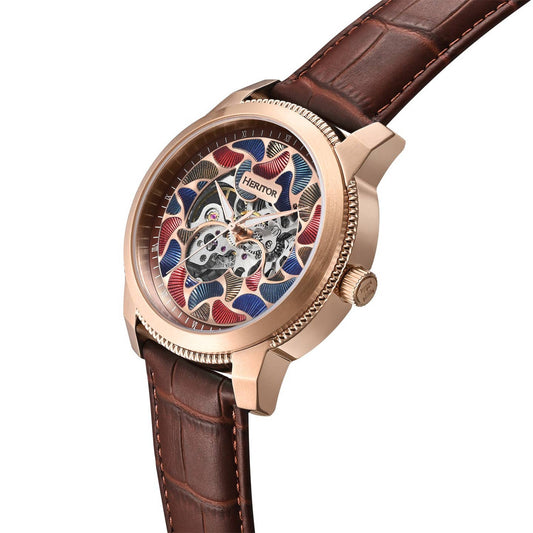 Heritor Emmanuel Men's Automatic Semi-Skeleton Leather Watch, Rose Gold/Brown