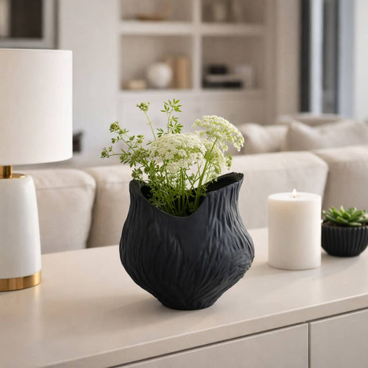 Decorative Vase - Black Porcelain 3D Printed, 12 in.