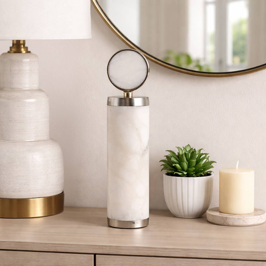Decorative Object - White Stone Cylinder Sculpture, 12 in.