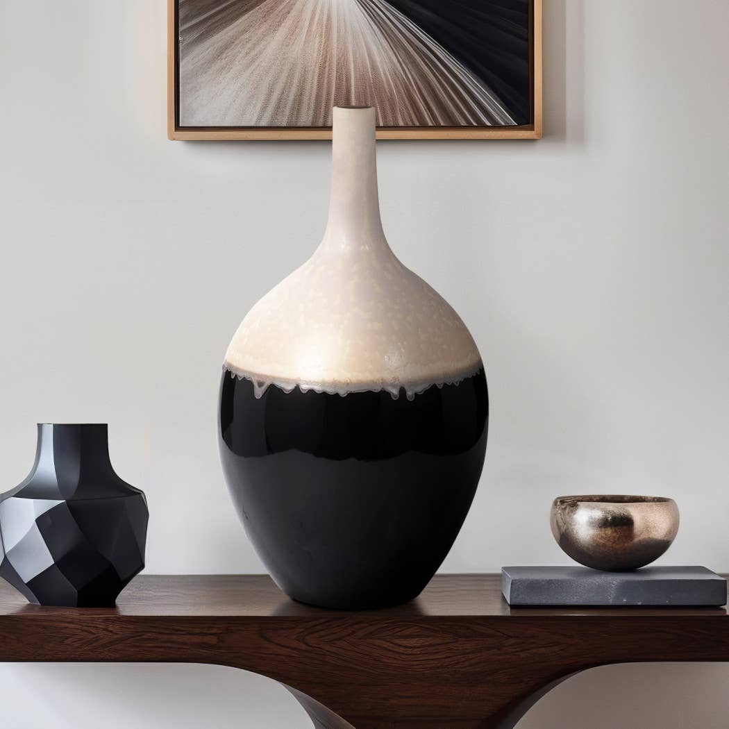 Decorative Vase - Ivory/Black Ceramic Sculptural Form, 19 in