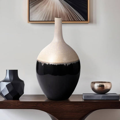 Decorative Vase - Ivory/Black Ceramic Sculptural Form, 19 in