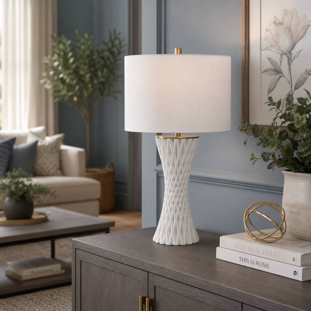 Table Lamp - White Porcelain 3D Printed Fabric Shade, 26 in.