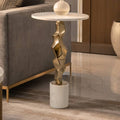 Side Table - Gold Marble Top Metal Sculptural Base, 25 in.