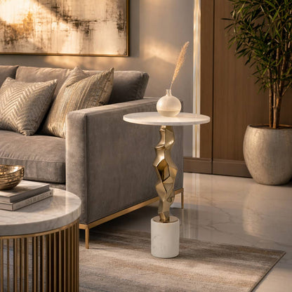 Side Table - Gold Marble Top Metal Sculptural Base, 25 in.