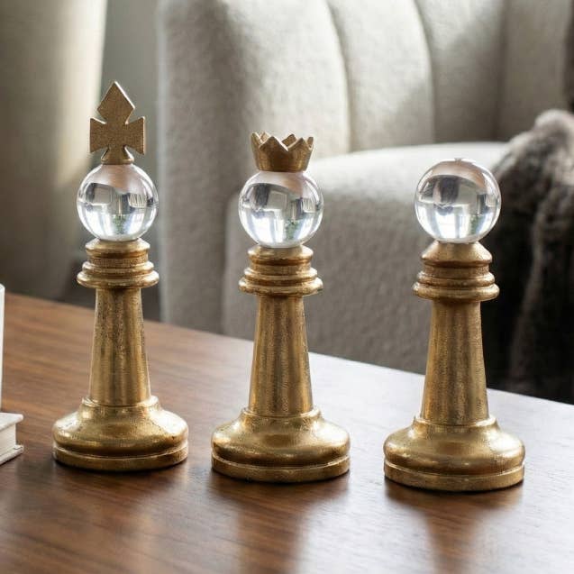 Decorative Object Set of 3- Gold Metal Chess Piece, 8/9/10in