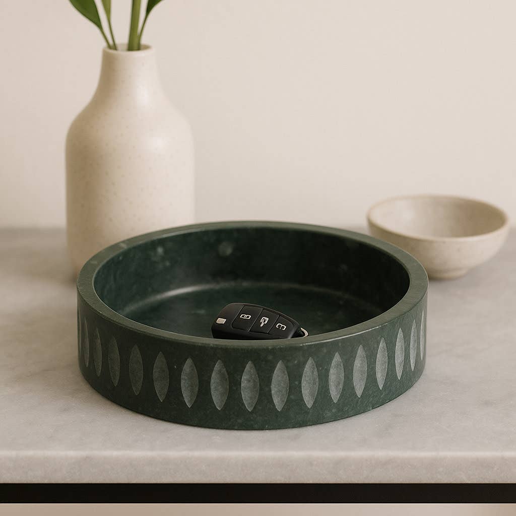 Decorative Bowl - Green Marble Edge Pattern, 12 in.