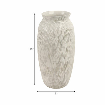 Decorative Vase - White Earthenware Textured Cylinder, 15 in
