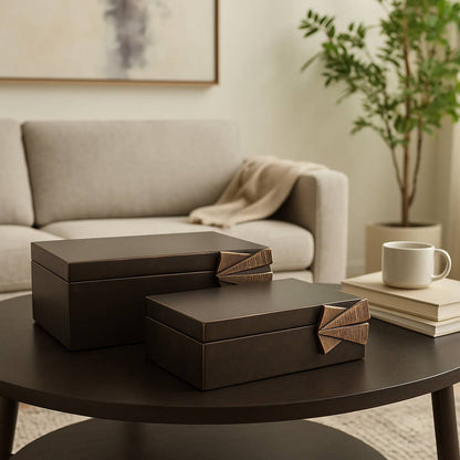 Boxes Set of 2 - Brown Wood with Metal Hardware, 9/11 in.