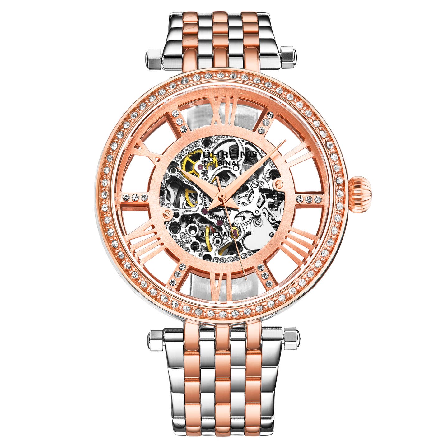 Stuhrling Original Delphi 3944 Women's Automatic Watch, 38mm, Two-Tone Rose Gold & Silver Bracelet, Skeleton Dial