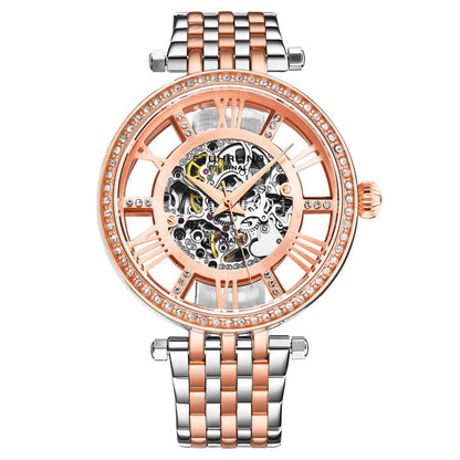 Stuhrling Original Delphi 3944 Women's Automatic Watch, 38mm, Two-Tone Rose Gold & Silver Bracelet, Skeleton Dial