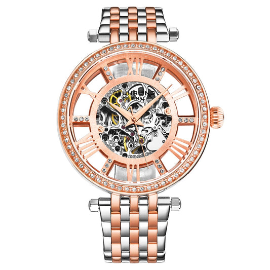 Stuhrling Original Delphi 3944 Women's Automatic Watch, 38mm, Two-Tone Rose Gold & Silver Bracelet, Skeleton Dial