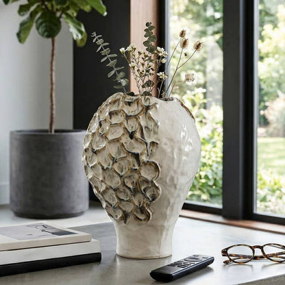 Decorative Vase - Tan Ceramic Textured Fish Scale, 14 in.