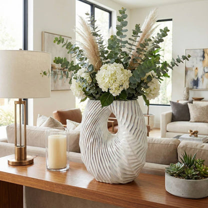 Decorative Vase - White Ceramic Wavy Shell Form, 12 in.