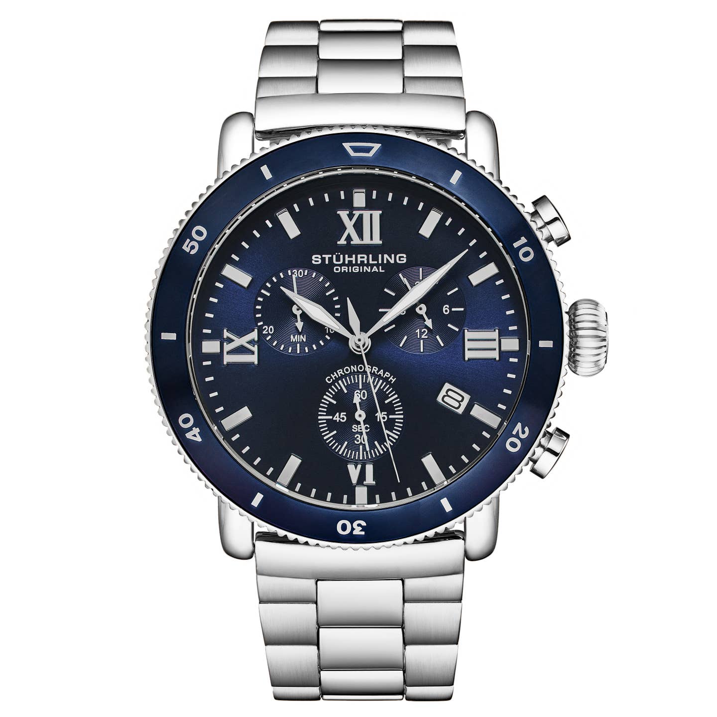 Stuhrling Original Dualmode Men's Quartz Chronograph Watch, 48mm, Blue Dial, Silver Link Bracelet
