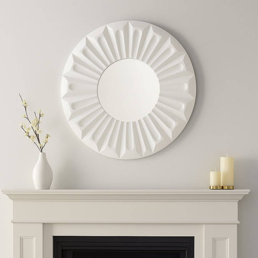 Wall Mirror - Ivory Wood Round Sculptured Carved, 36 in.