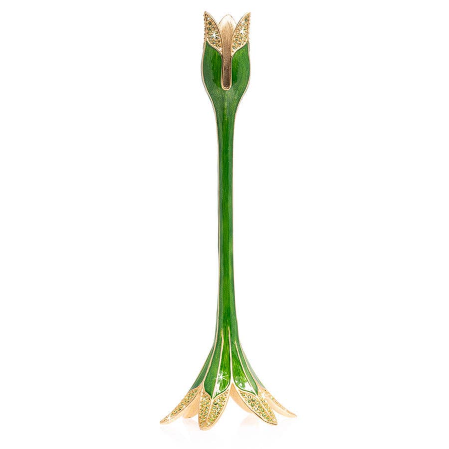 Jay Strongwater Ambrosius Tulip Green Candlestick Holder, Leaf Swarovski Crystal Enamel Gold-Finished