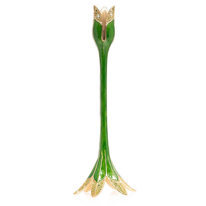 Jay Strongwater Ambrosius Tulip Green Candlestick Holder, Leaf Swarovski Crystal Enamel Gold-Finished
