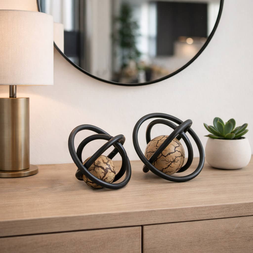 Sculptures Set of 2 - Bronze/Black Metal Wood Orb, 7/8 in.