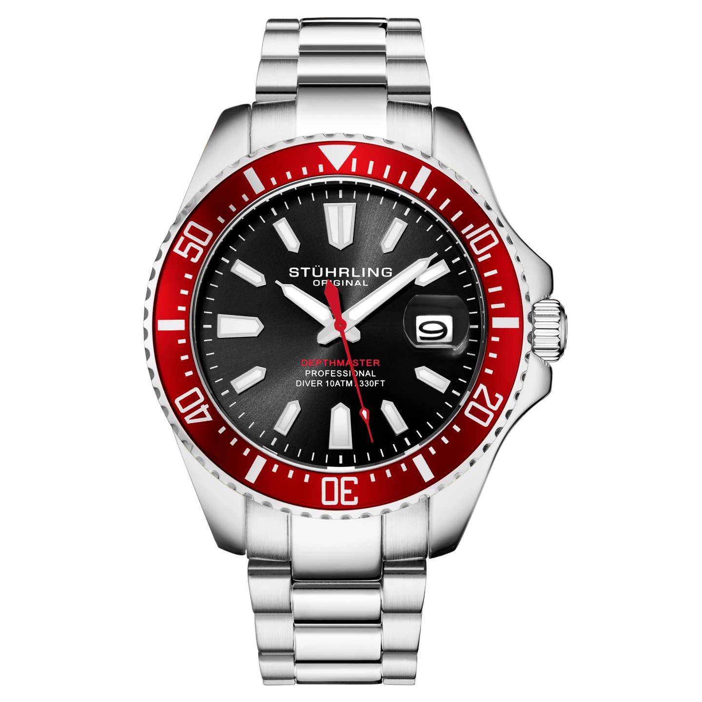Stuhrling Original Depthmaster 3950A Men's Quartz Diver Watch, Black Dial, Stainless Steel Bracelet