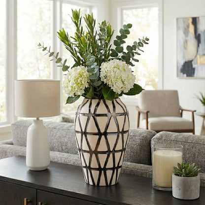 Decorative Vase - Ivory/Silver Ceramic Tribal Design, 16 in.
