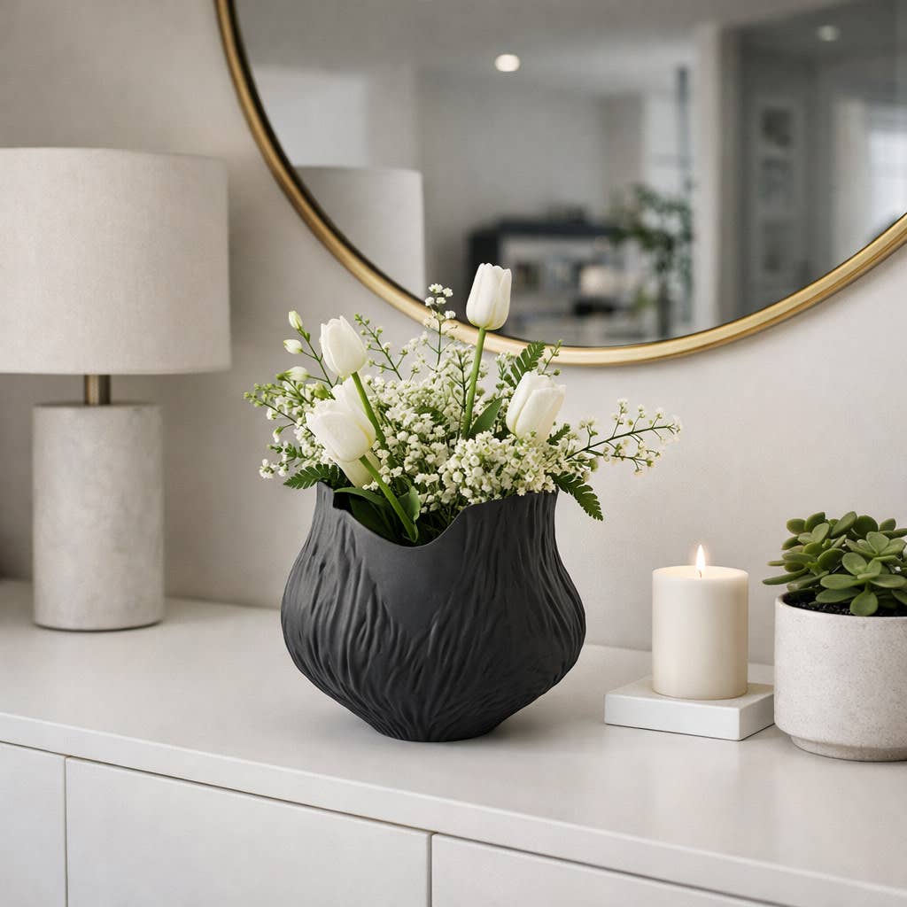 Decorative Vase - Black Porcelain 3D Printed, 12 in.