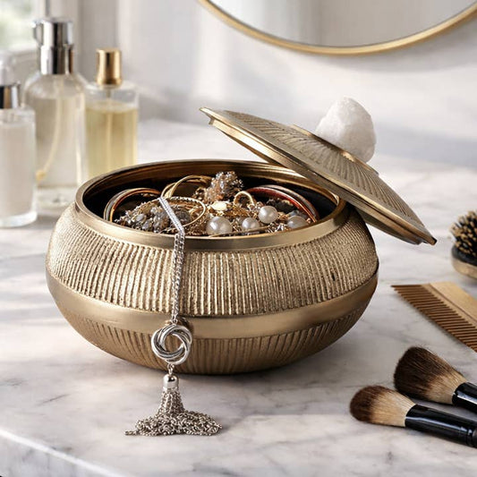 Decorative Box - Gold Metal Round with Stone On Lid, 7 in.