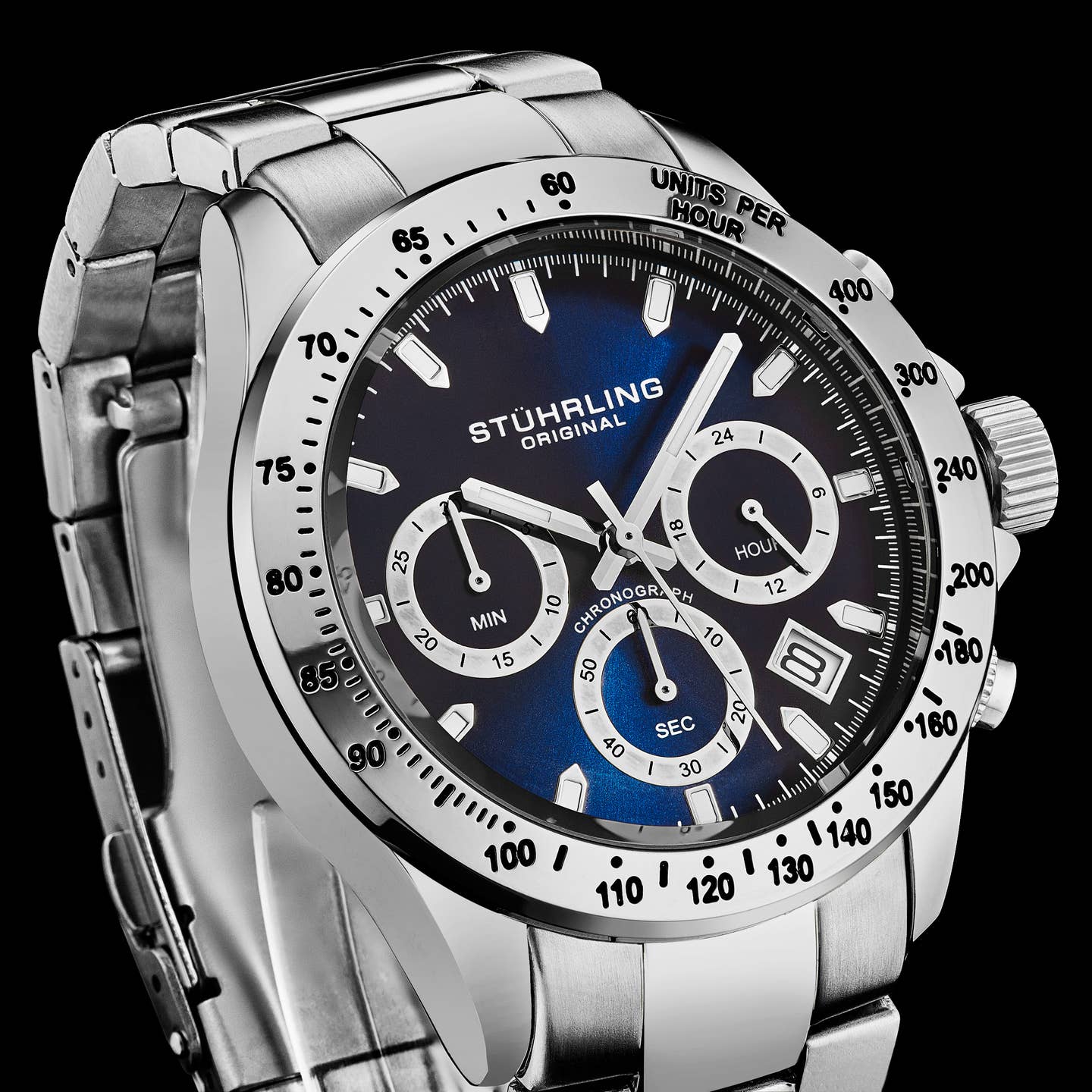 Stuhrling Original Ultima 3960 Men's Quartz Chronograph Watch, 42mm, Blue Dial, Stainless Steel Bracelet