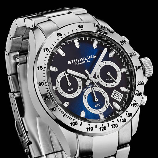 Stuhrling Original Ultima 3960 Men's Quartz Chronograph Watch, 42mm, Blue Dial, Stainless Steel Bracelet