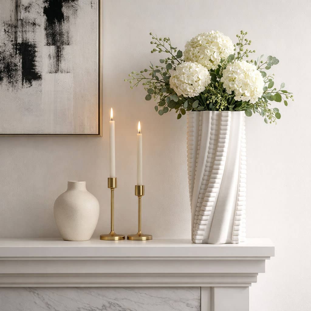 Decorative Vase - Ivory Ceramic Twisted 3D Printed, 15 in.