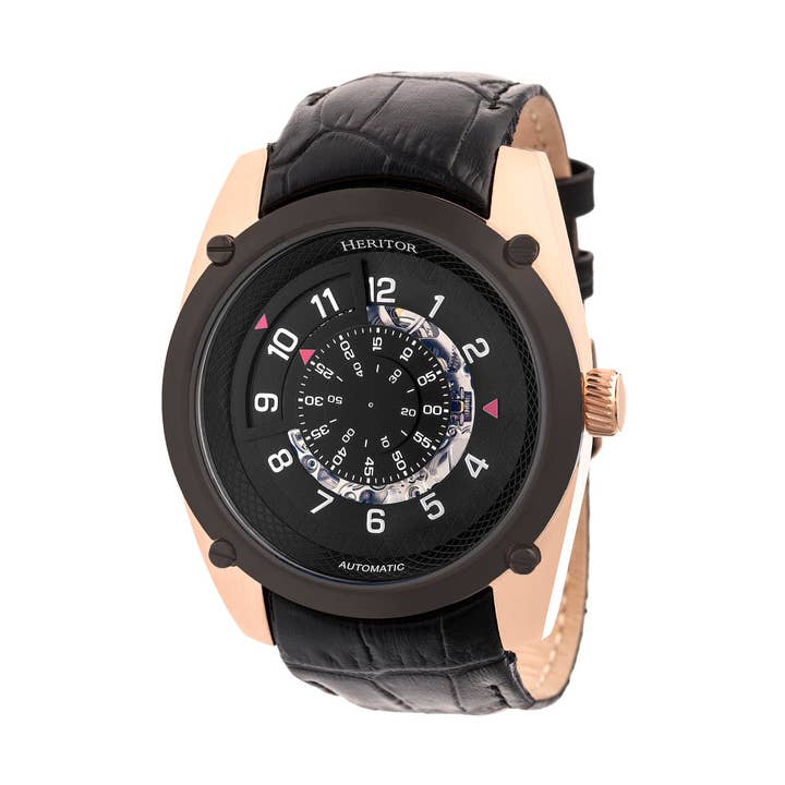 Heritor Daniels Men's Automatic Semi-Skeleton Leather Watch, Rose Gold/Black