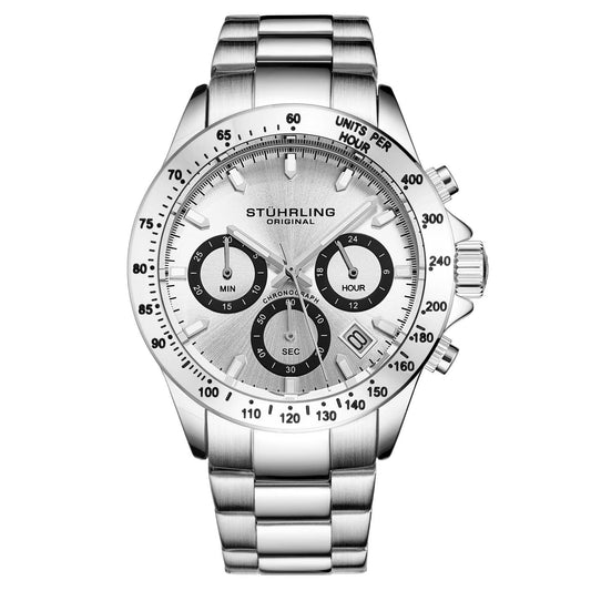 Stuhrling Original Ultima 3960 Men's Quartz Chronograph Watch, 42mm, Silver Dial, Stainless Steel Bracelet
