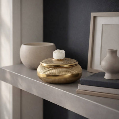 Decorative Box - Gold Metal Round with Stone On Lid, 6 in.
