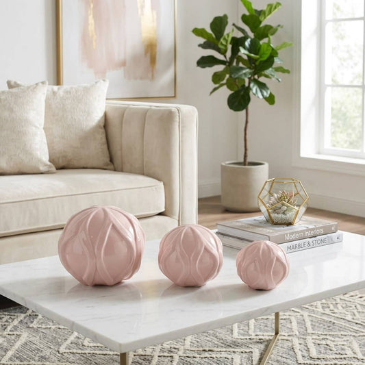 Decorative Object S/3 - Pink Ceramic Sculpted Orb, 4/5/6 in.