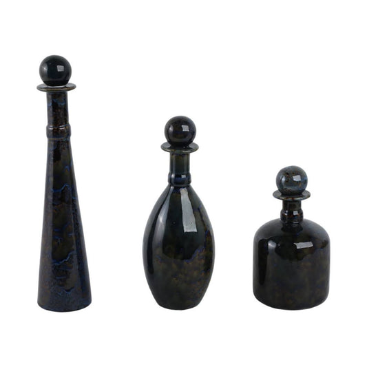 Decorative Jar Set of 3 - Blue Ceramic Bottles, 8/11/15 in.