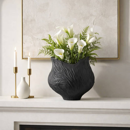 Decorative Vase - Black Porcelain 3D Printed Carved, 16 in.