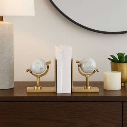Bookends Set of 2 - Gold Marble Globe Sculpture, 11 in.